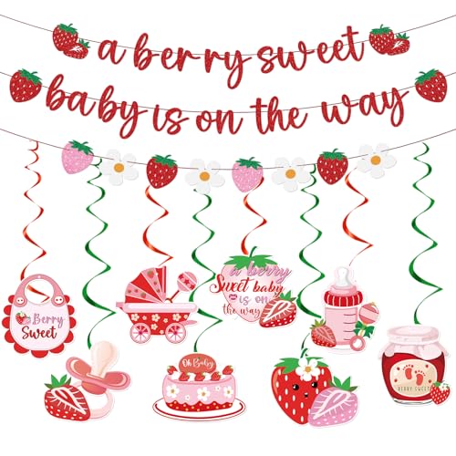 Refavor Strawberry Baby Shower Decorations - 11 Pieces Including Banners and Ceiling Hanging Swirls