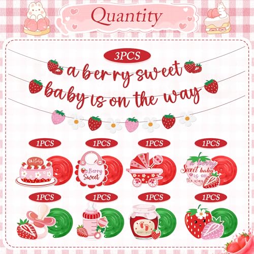 Refavor Strawberry Baby Shower Decorations - 11 Pieces Including Banners and Ceiling Hanging Swirls
