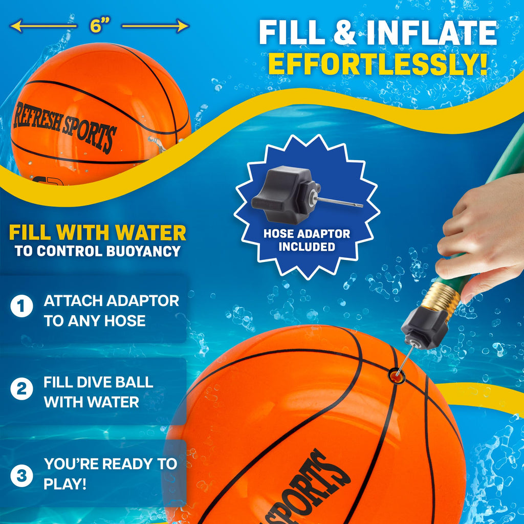 Refresh Sports Aqua Dive Pool Ball – 6-Inch Underwater Basketball, Football & Soccer Toy for Kids Ages 4-12
