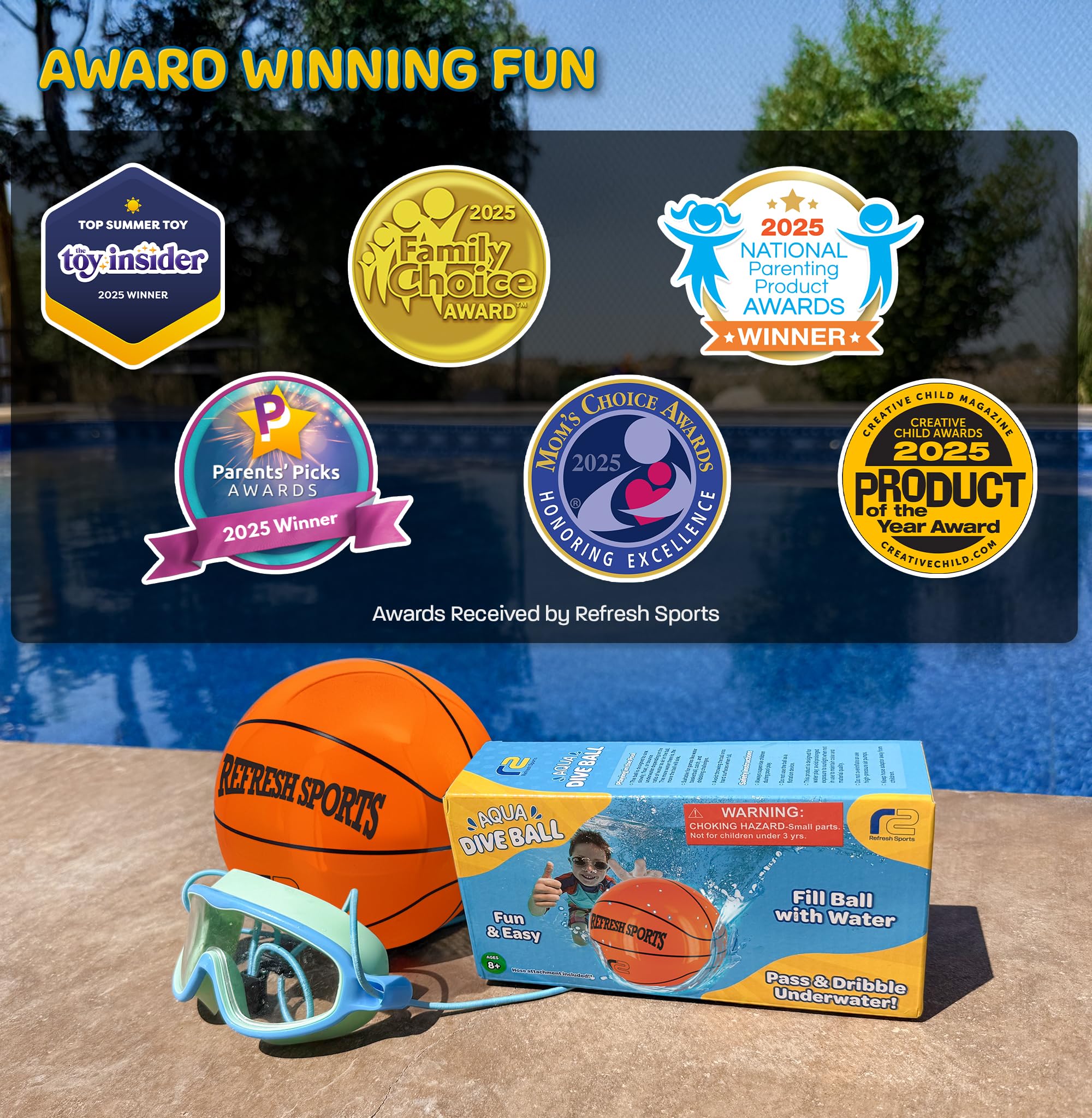 Refresh Sports Aqua Dive Pool Ball – 6-Inch Underwater Basketball, Football & Soccer Toy for Kids Ages 4-12