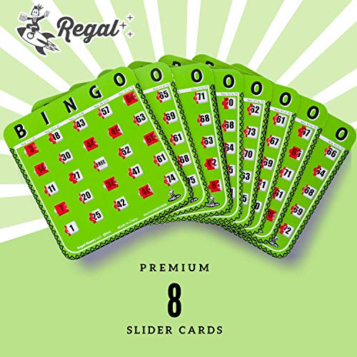 Regal Games Bulk Bingo Cards with Sliding Windows – 8 Pack, Green, Large Print for Adults