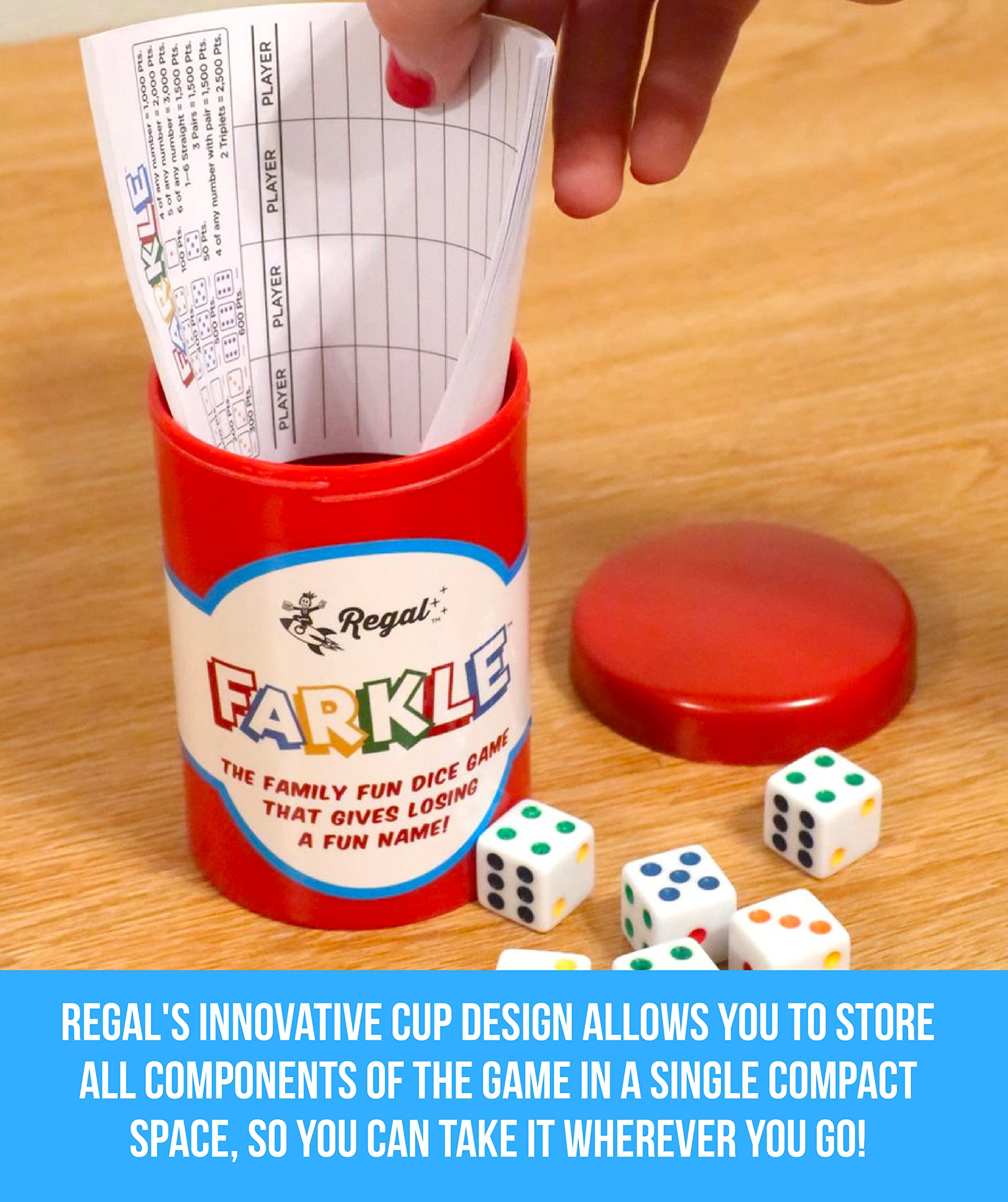 Regal Games Farkle Classic Dice Game – 6 Colored Dice, Cup, 25 Score Sheets – Fun for Travel, Camp, Family Game Night