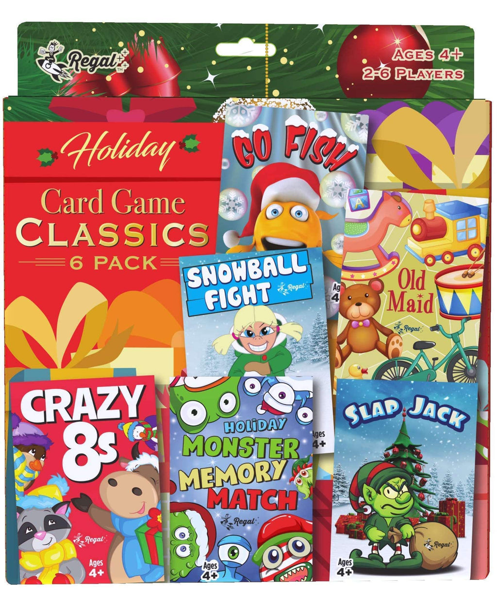 Regal Games Holiday Card Games 6-Pack: Go Fish, Crazy 8s, Old Maid, Slap Jack, Monster Memory, Snowball Fight