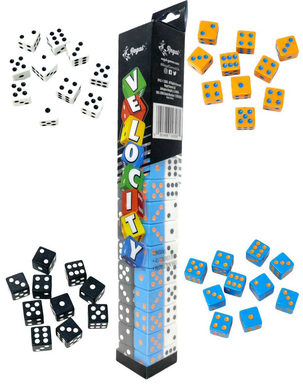 Regal Games Velocity Dice Game Set – 40 Colorful Square Dice with Storage Case for Fast-Paced Family Fun