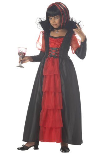 Regal Vampira Child Costume – Blood Red Layered Gown with Attached Collar