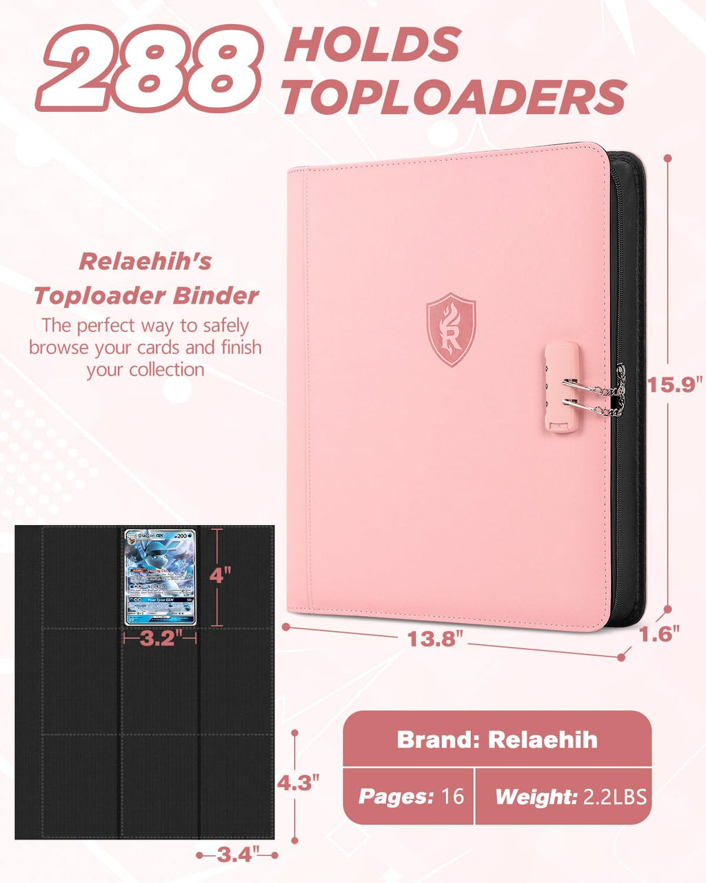 Relaehih 9-Pocket Toploader Binder – Holds 288 Cards, Lock & Zipper, Pink PU Leather