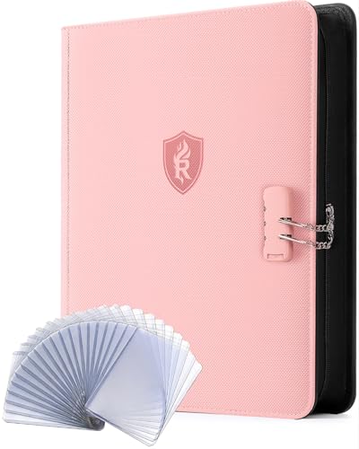 Relaehih 9-Pocket Toploader Binder – Holds 288 Cards, Lock & Zipper, Pink PU Leather