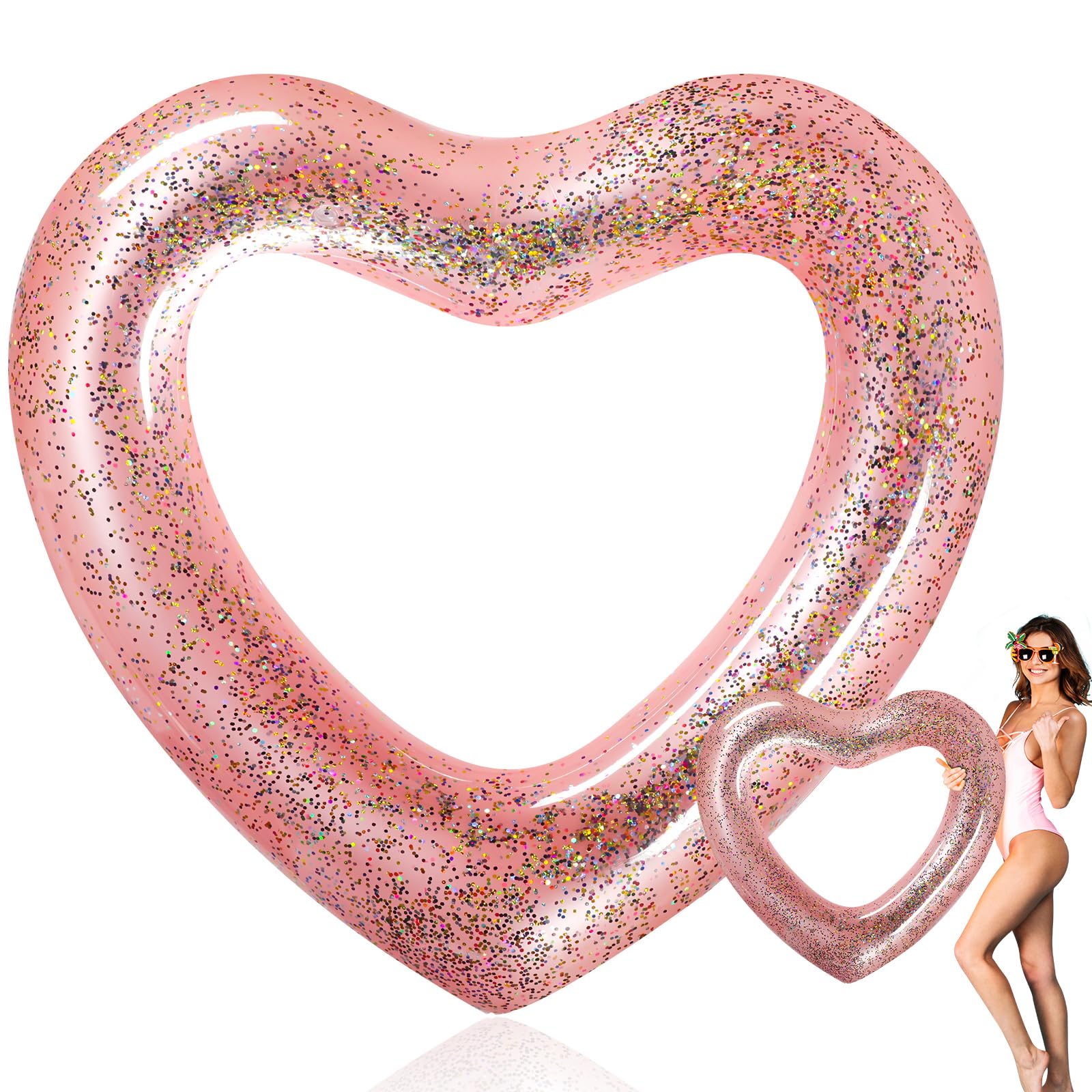 Relaxgiant Heart Pool Float - 47x39 Inflatable Rose Gold Glitter Swim Ring for Adults
