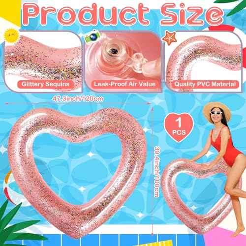 Relaxgiant Heart Pool Float - 47x39 Inflatable Rose Gold Glitter Swim Ring for Adults