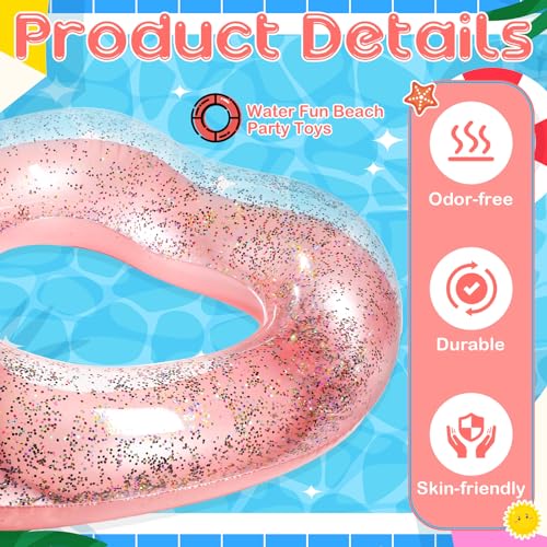 Relaxgiant Heart Pool Float - 47x39 Inflatable Rose Gold Glitter Swim Ring for Adults