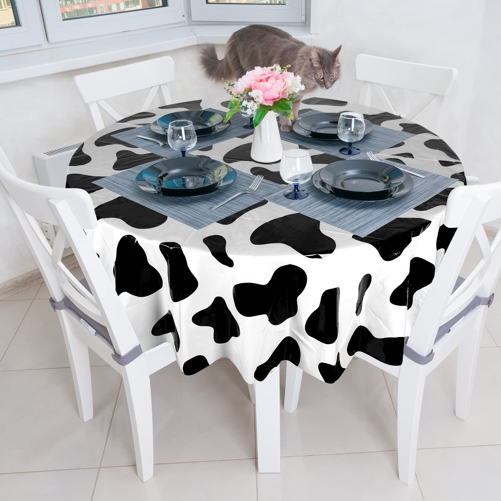 Remagr 3-Pack 84-Inch Round Plastic Cow Print Tablecloths for Farm Theme Parties
