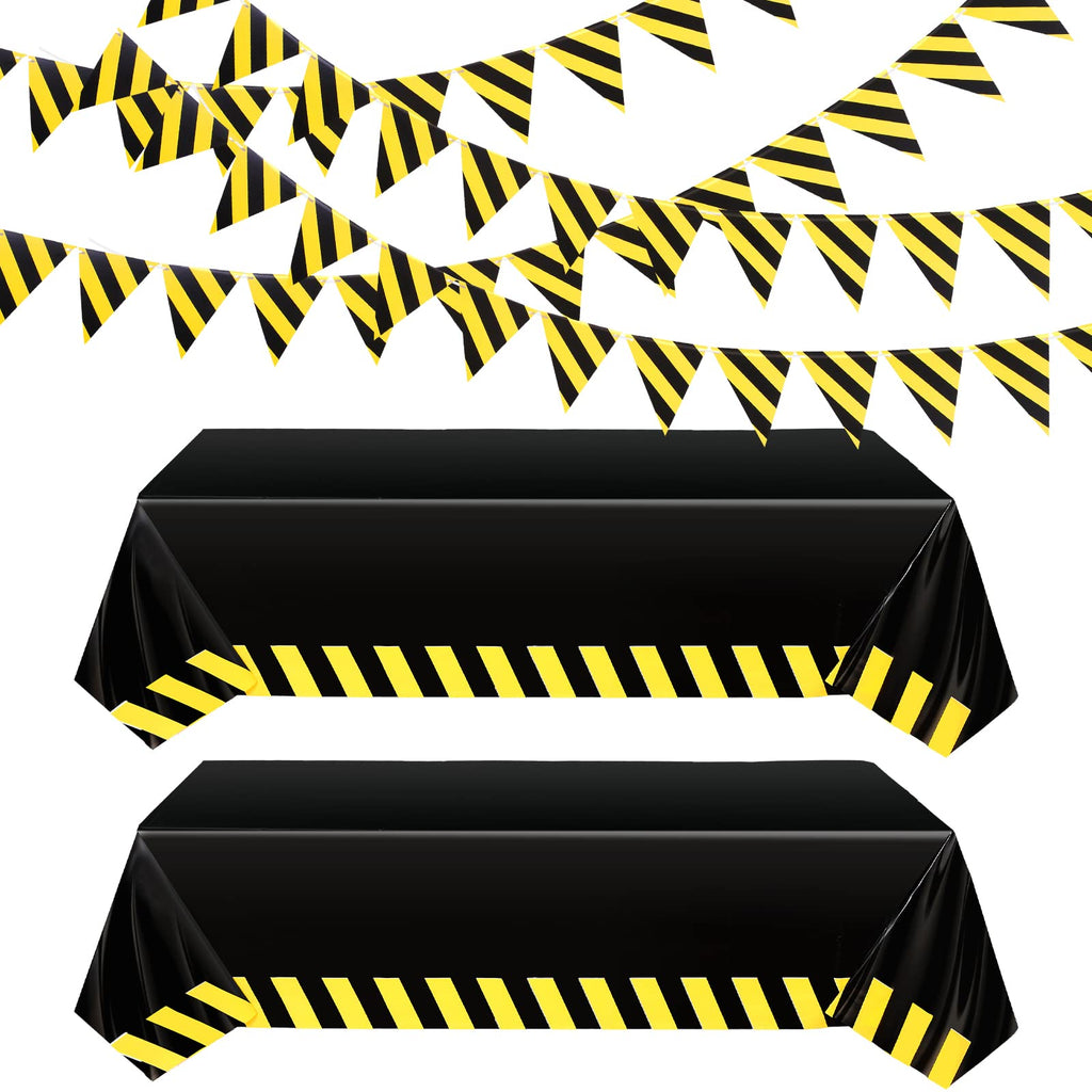 Remagr 6-Piece Construction Party Decor Set – Black Yellow Striped Tablecloths and Banners