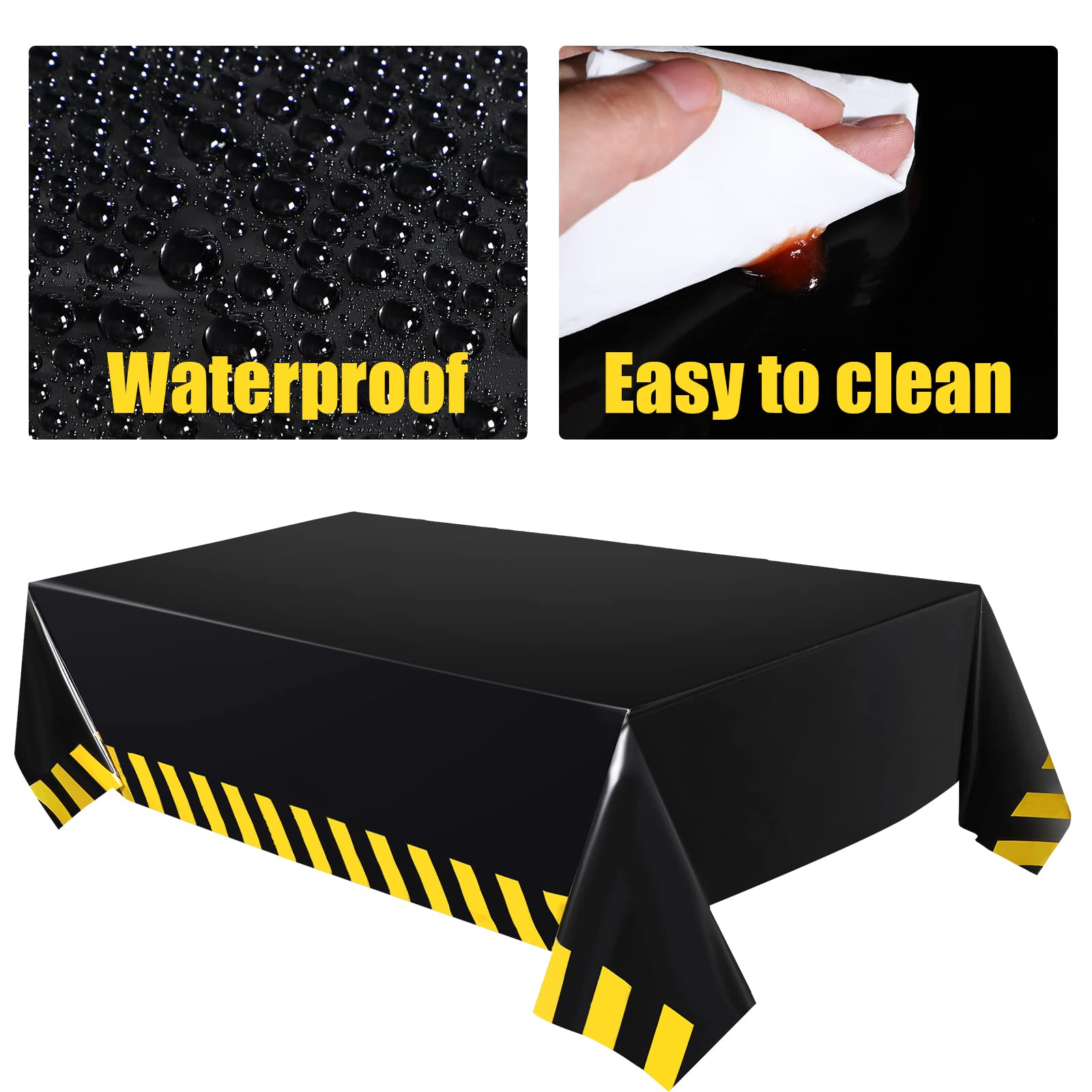 Remagr 6-Piece Construction Party Decor Set – Black Yellow Striped Tablecloths and Banners