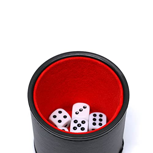RERIVER Felt Lined PU Leather Dice Cup Set – 2 Cups with 12 Black Dot Dice for Craps, Backgammon, Yahtzee