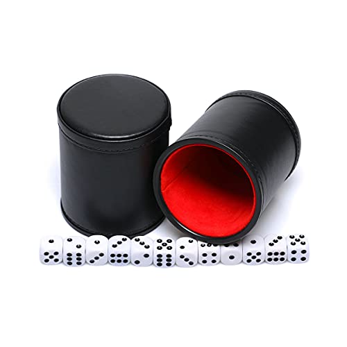 RERIVER Felt Lined PU Leather Dice Cup Set – 2 Cups with 12 Black Dot Dice for Craps, Backgammon, Yahtzee