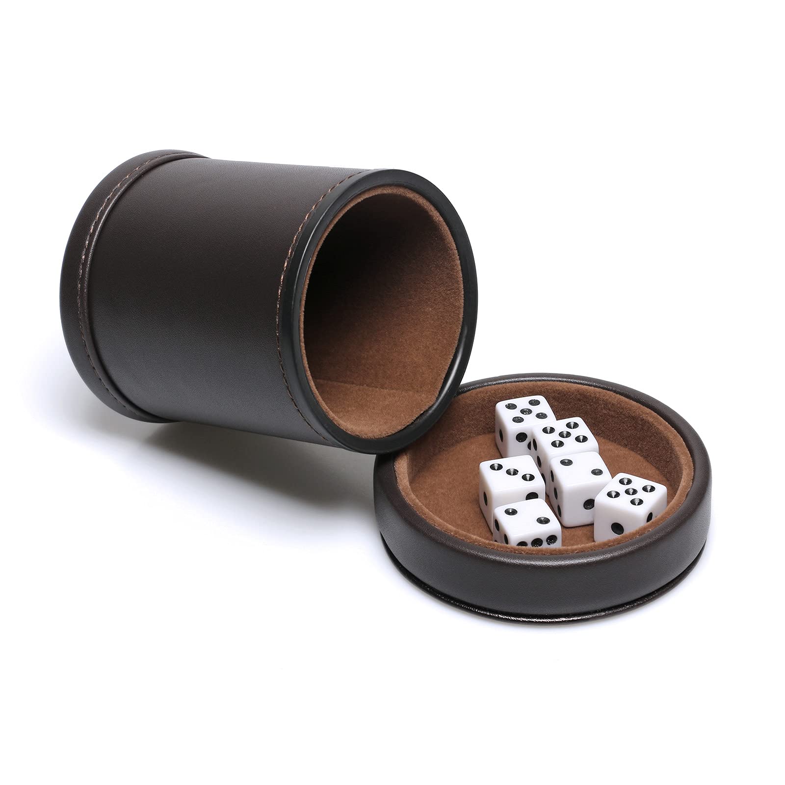 RERIVER PU Leather Dice Cup with Lid – Dark Chocolate Felt-Lined Shaker for Liars Dice, Farkle, Yahtzee – Includes 6 Black Dot Dice