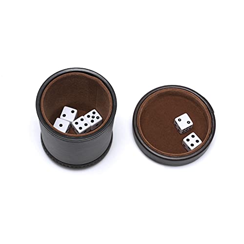 RERIVER PU Leather Dice Cup with Lid – Dark Chocolate Felt-Lined Shaker for Liars Dice, Farkle, Yahtzee – Includes 6 Black Dot Dice