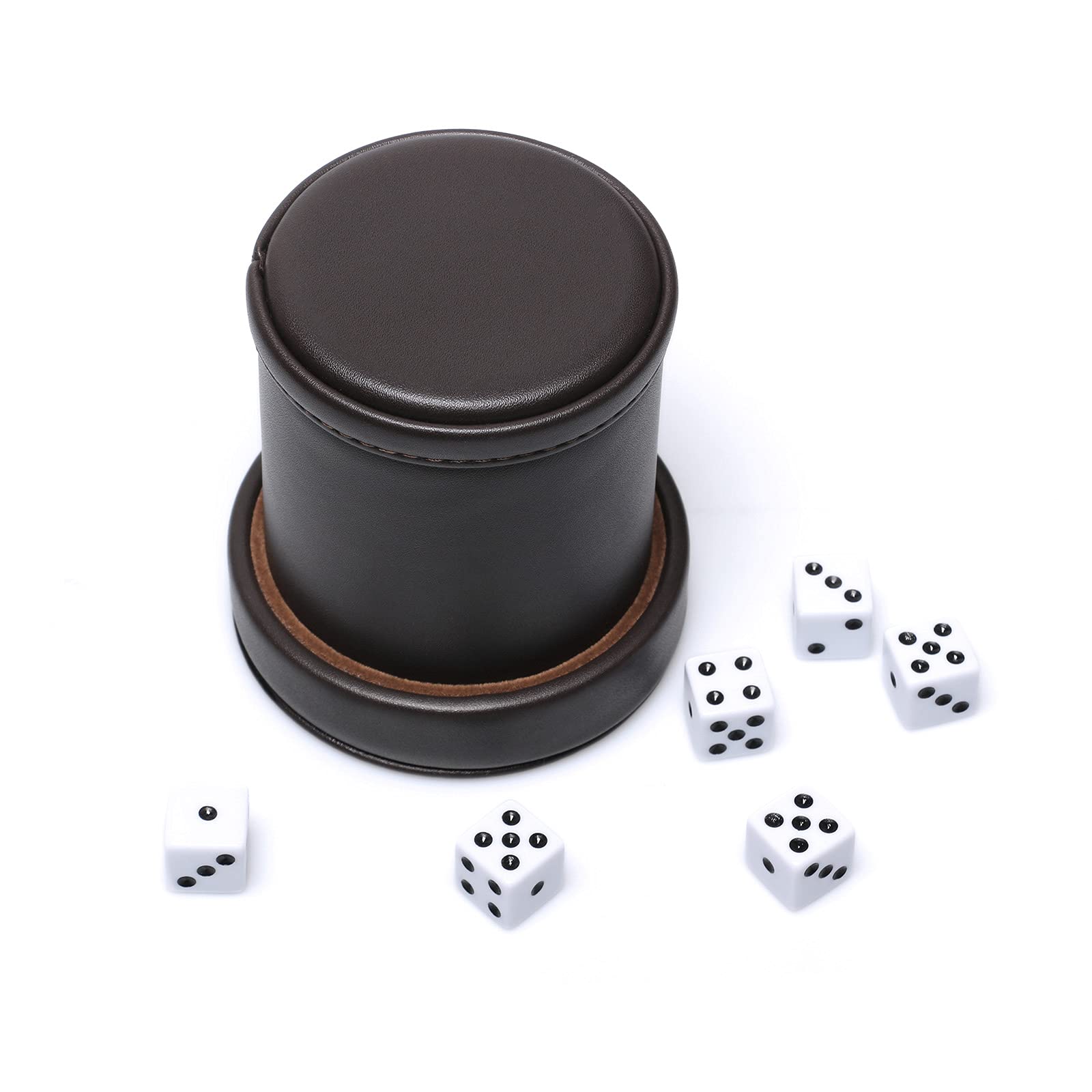 RERIVER PU Leather Dice Cup with Lid – Dark Chocolate Felt-Lined Shaker for Liars Dice, Farkle, Yahtzee – Includes 6 Black Dot Dice