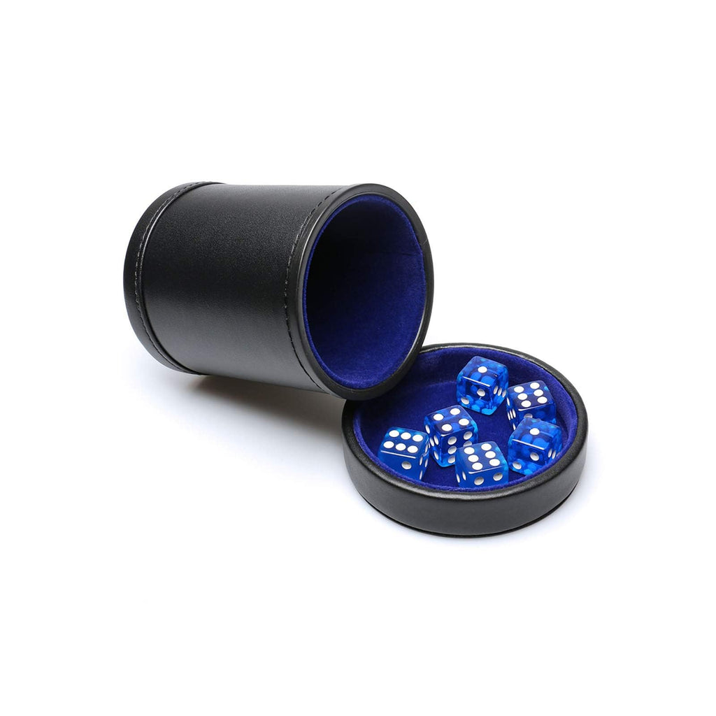 RERIVER PU Leather Dice Cup with Lid – Quiet Felt-Lined Shaker with 6 Blue Translucent Dice for Liar's Dice, Farkle, Yahtzee