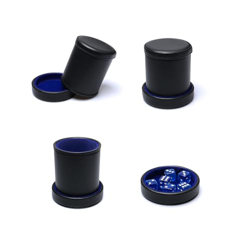 RERIVER PU Leather Dice Cup with Lid – Quiet Felt-Lined Shaker with 6 Blue Translucent Dice for Liar's Dice, Farkle, Yahtzee