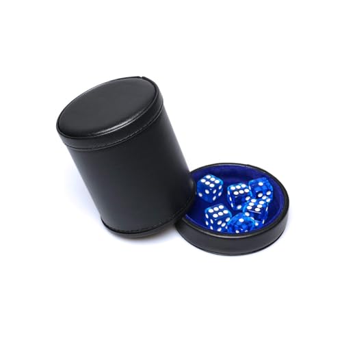RERIVER PU Leather Dice Cup with Lid – Quiet Felt-Lined Shaker with 6 Blue Translucent Dice for Liar's Dice, Farkle, Yahtzee