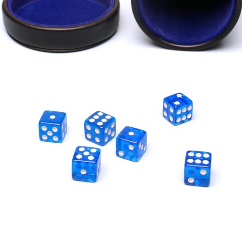RERIVER PU Leather Dice Cup with Lid – Quiet Felt-Lined Shaker with 6 Blue Translucent Dice for Liar's Dice, Farkle, Yahtzee