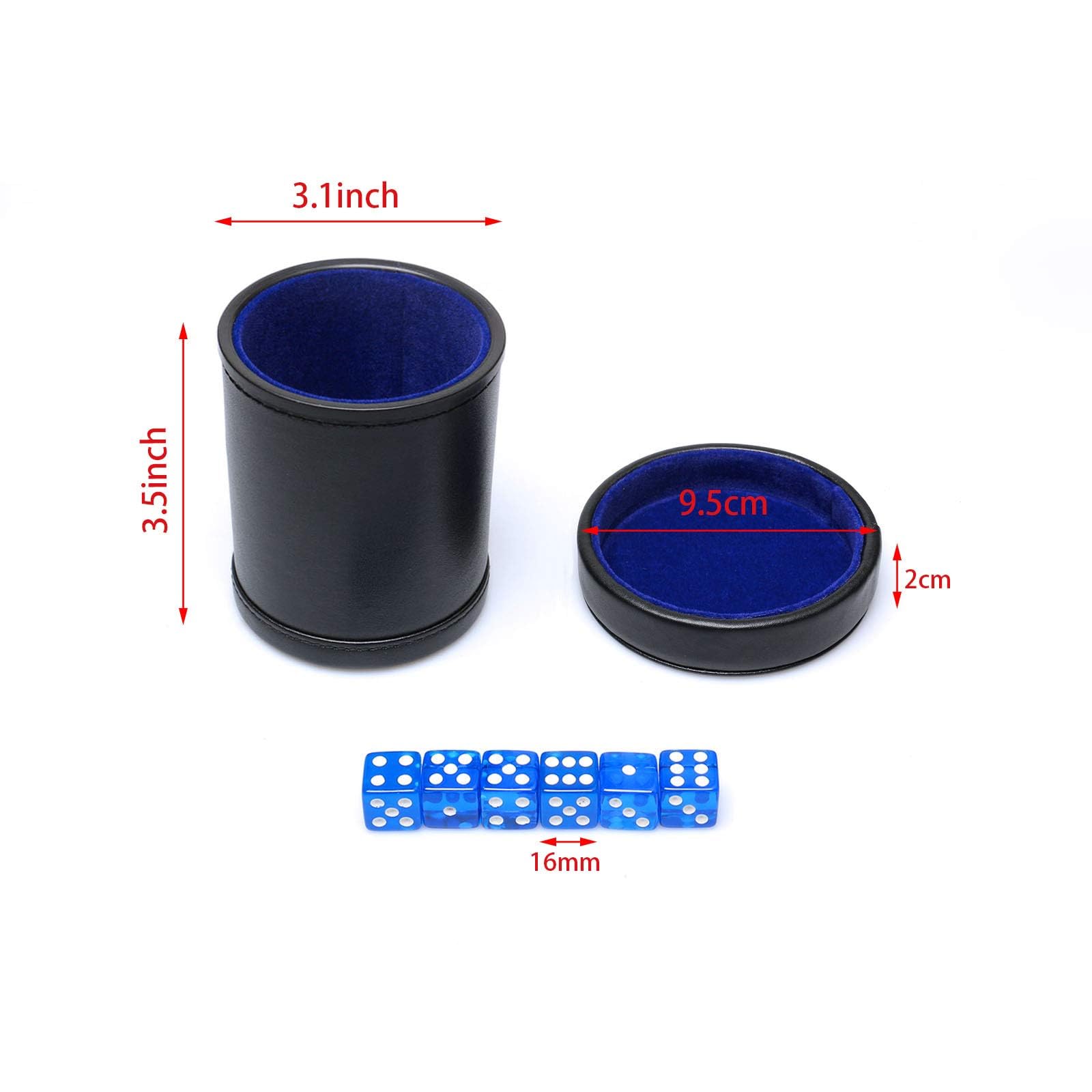 RERIVER PU Leather Dice Cup with Lid – Quiet Felt-Lined Shaker with 6 Blue Translucent Dice for Liar's Dice, Farkle, Yahtzee