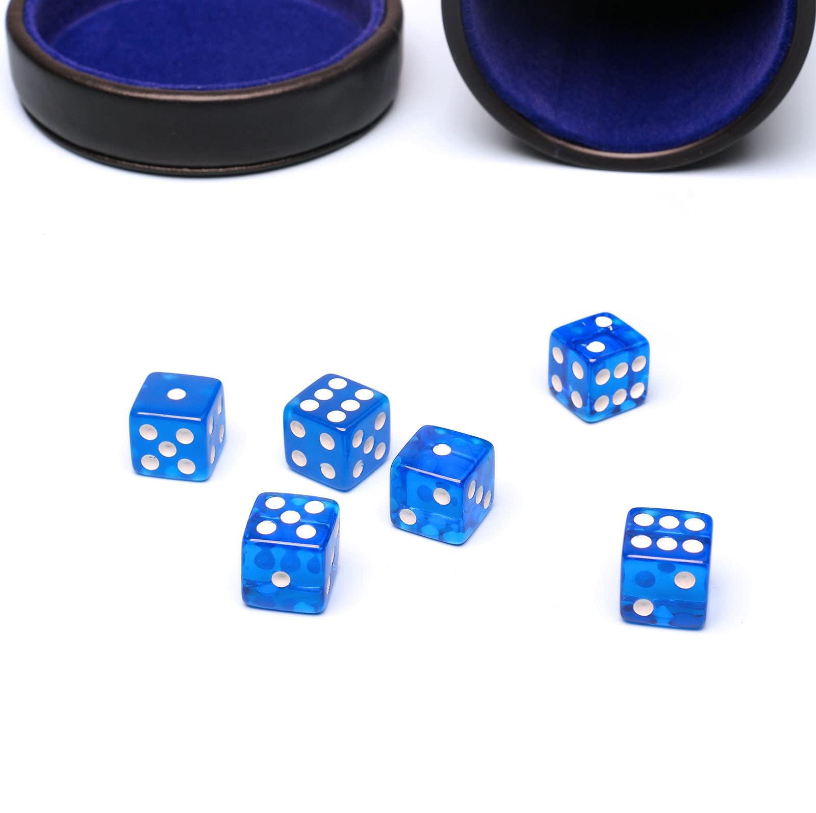 RERIVER PU Leather Dice Cup with Lid – Quiet Felt-Lined Shaker with 6 Blue Translucent Dice for Liar's Dice, Farkle, Yahtzee