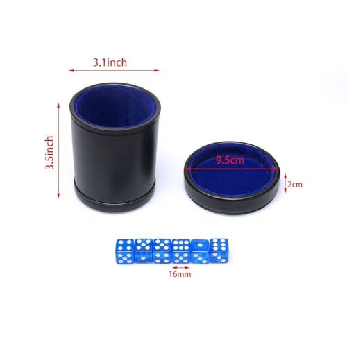 RERIVER PU Leather Dice Cup with Lid – Quiet Felt-Lined Shaker with 6 Blue Translucent Dice for Liar's Dice, Farkle, Yahtzee