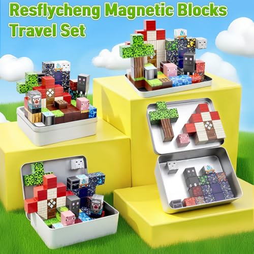 Resflycheng 70-Piece Magnetic Building Blocks with Metal Carry Case - Portable STEM Travel Toy for Kids Ages 3+