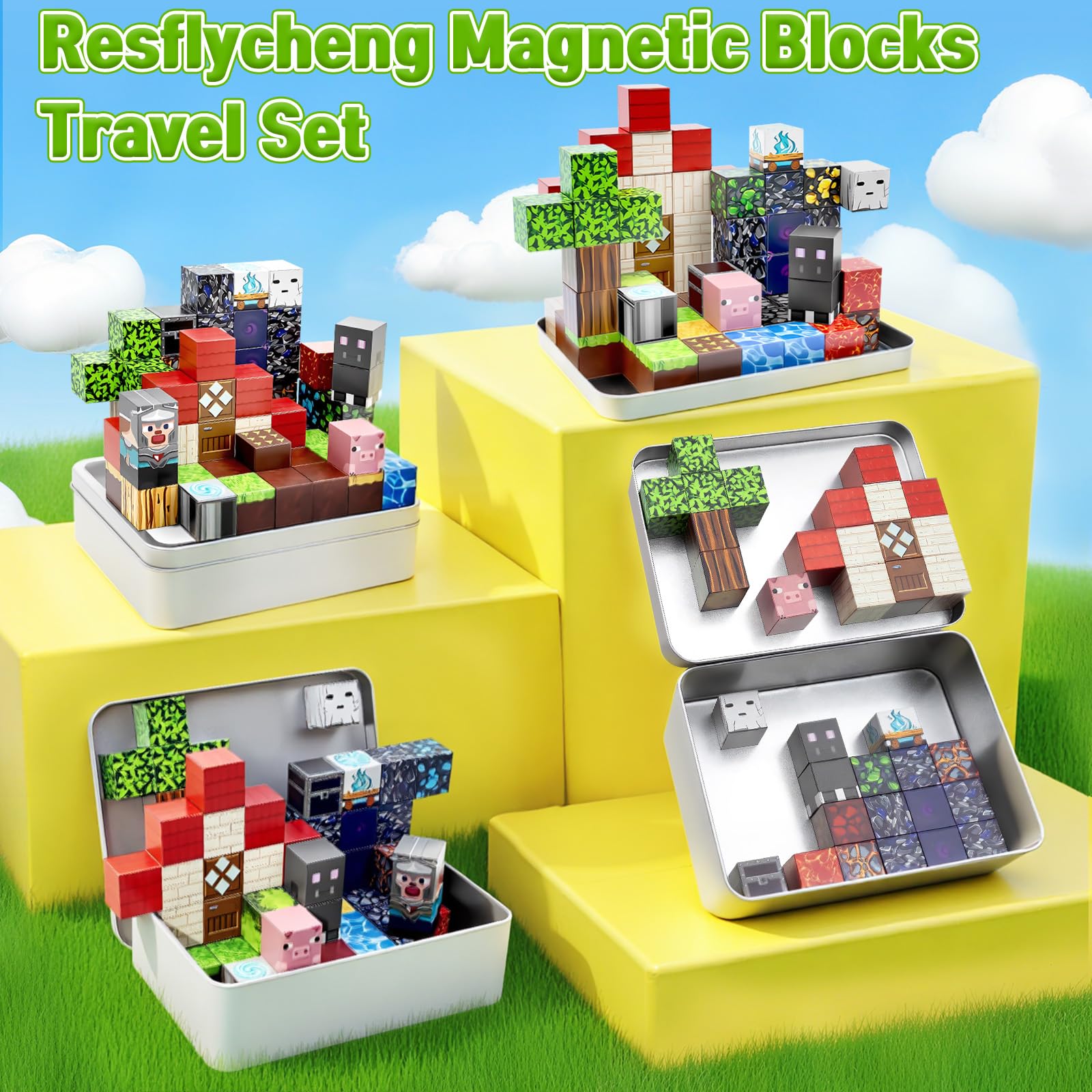Resflycheng 70-Piece Magnetic Building Blocks with Metal Carry Case - Portable STEM Travel Toy for Kids Ages 3+