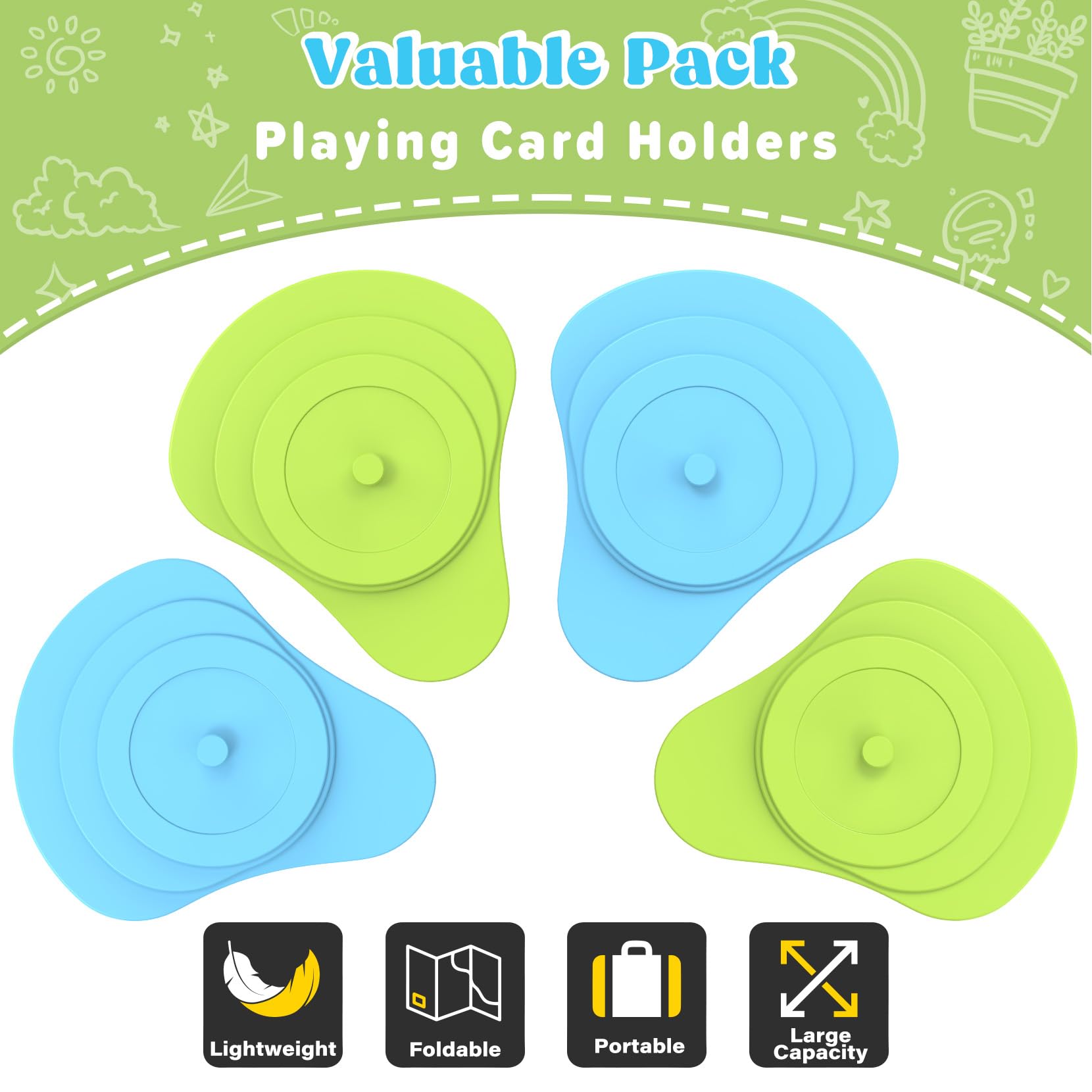 RESOVO Playing Card Holder Set for Kids and Small Hands – 4 Pack (2 Blue, 2 Green) for UNO, Poker, Canasta, and Travel