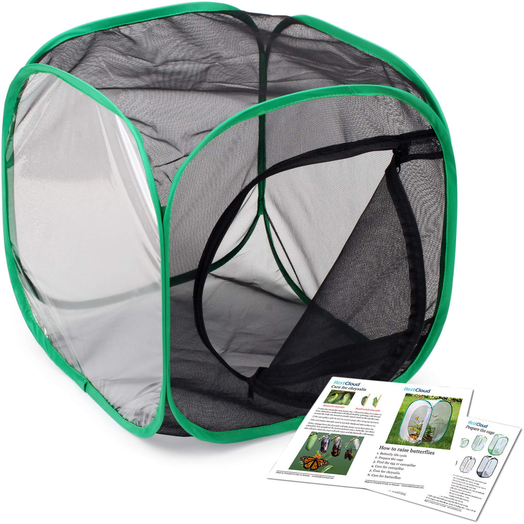 RESTCLOUD 12x12x12 Inch Pop-Up Butterfly Habitat Cage – Monarch & Insect Terrarium with Mesh Panels and Vinyl Window