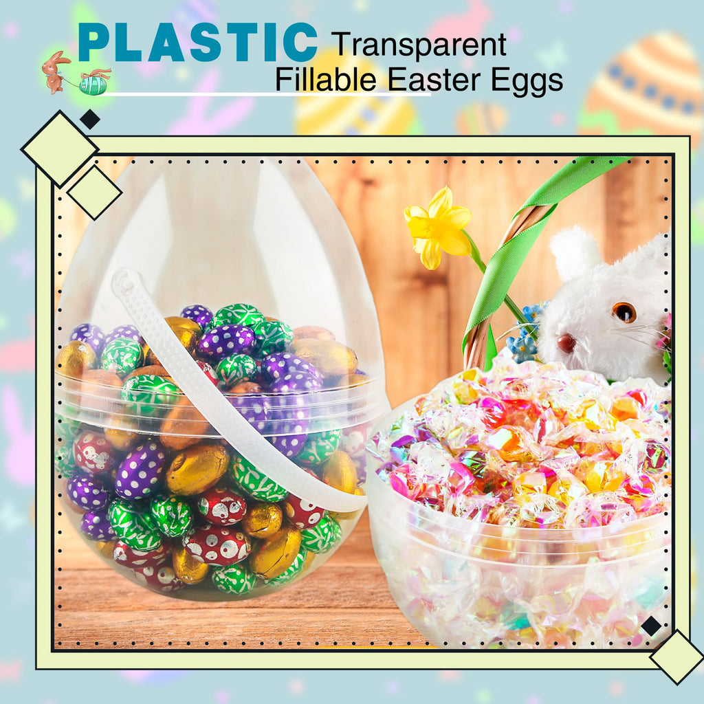Restroma 6-Pack 10 Inch Clear Plastic Easter Eggs with Handles - Jumbo Fillable Eggs for DIY Decorating and Egg Hunt