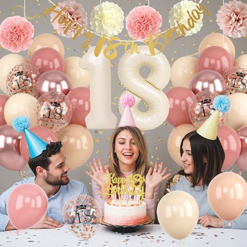 Retro Blush Pink 18th Birthday Decorations Kit – Balloons, Banner, Cake Topper, Pom Poms