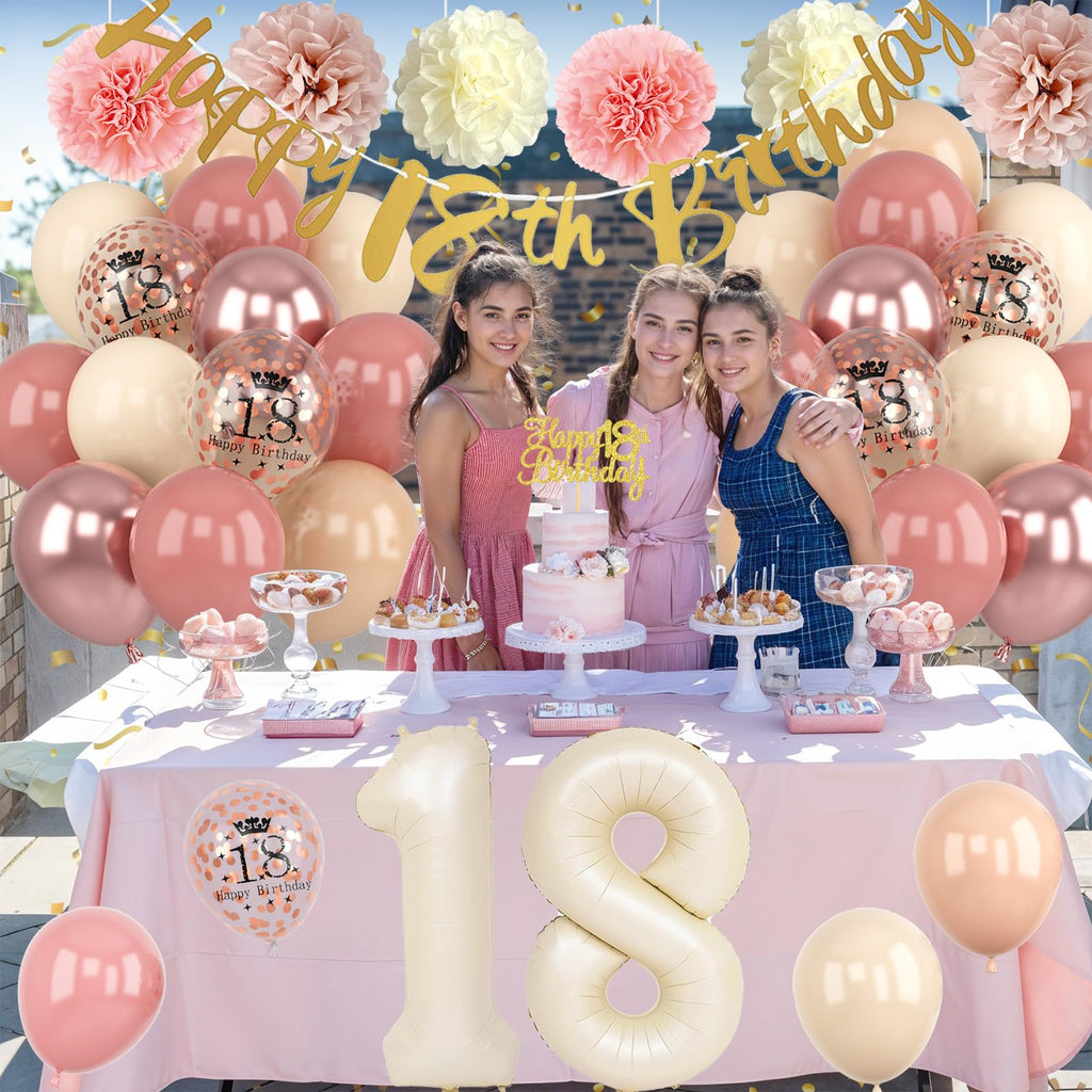 Retro Blush Pink 18th Birthday Decorations Kit – Balloons, Banner, Cake Topper, Pom Poms