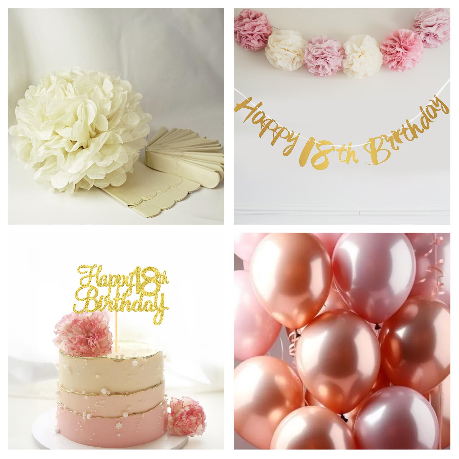 Retro Blush Pink 18th Birthday Decorations Kit – Balloons, Banner, Cake Topper, Pom Poms