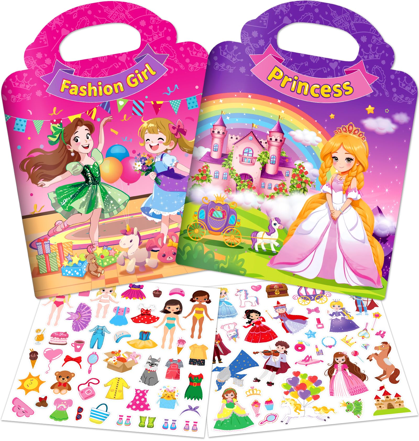 Reusable Sticker Books for Toddlers 1-3 Girls – 2 Pack Princess & Fashion Jelly Stickers Travel Toy