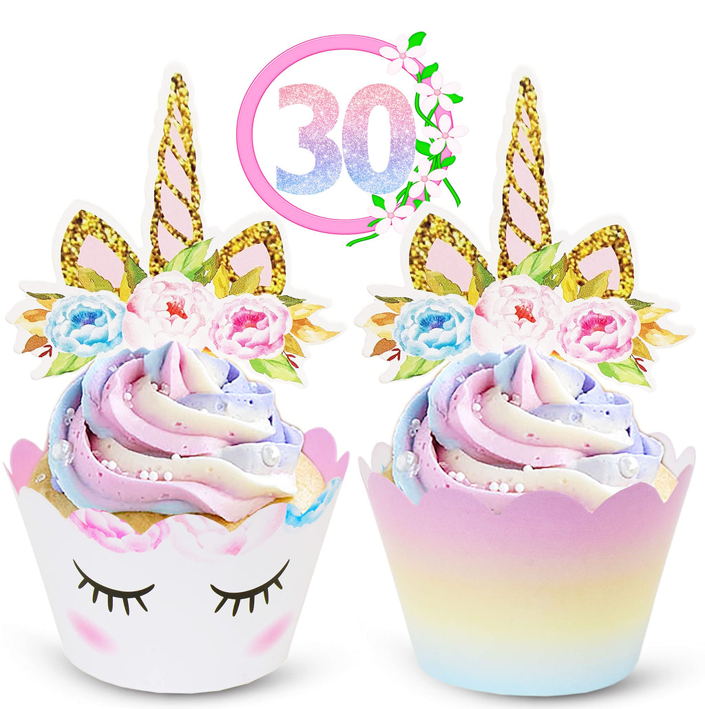 Reversible Rainbow Cupcake Liners and Unicorn Toppers Set for Birthdays – 30 of Each