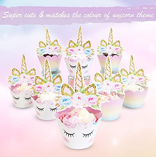 Reversible Rainbow Cupcake Liners and Unicorn Toppers Set for Birthdays – 30 of Each