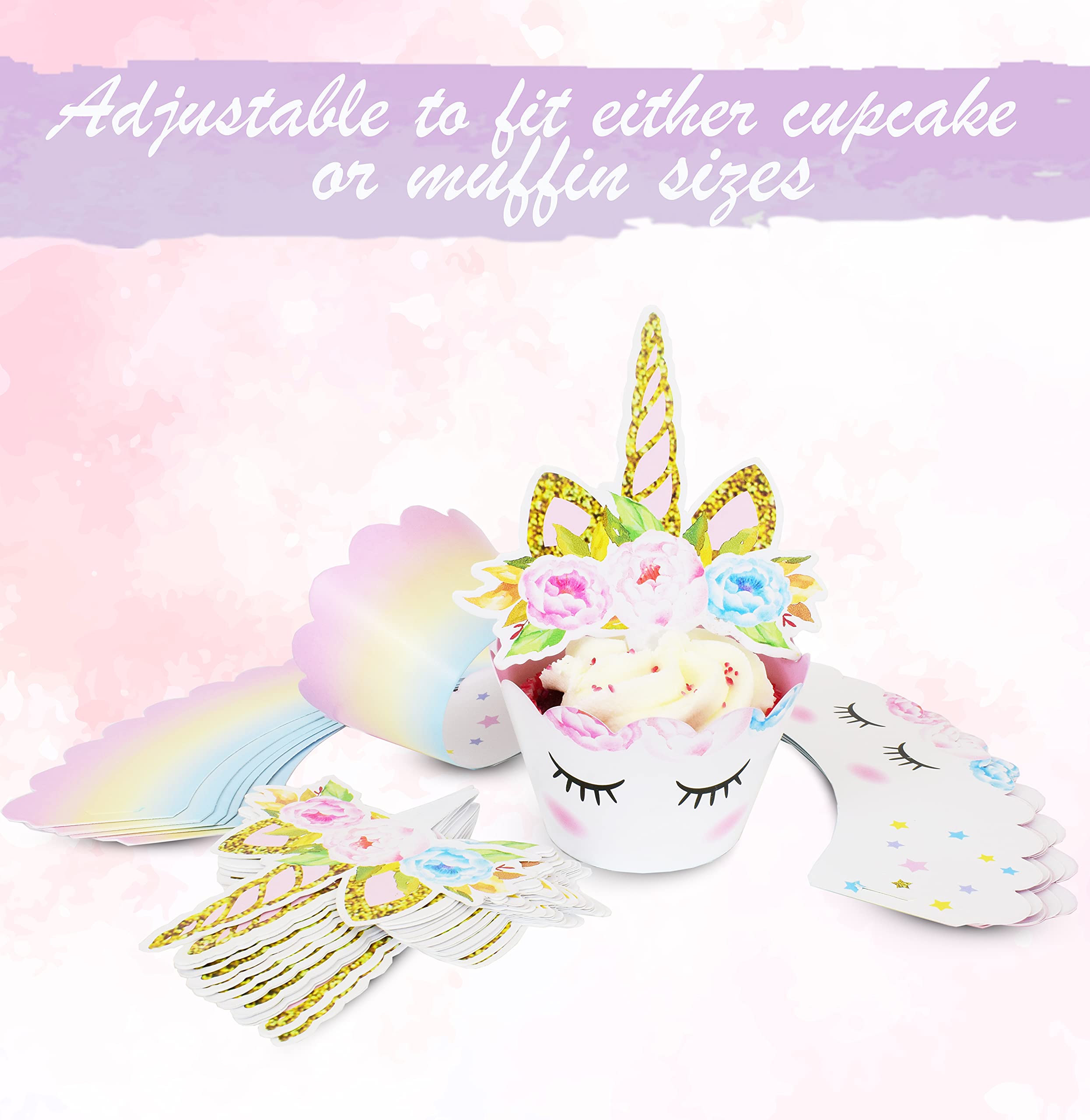Reversible Rainbow Cupcake Liners and Unicorn Toppers Set for Birthdays – 30 of Each
