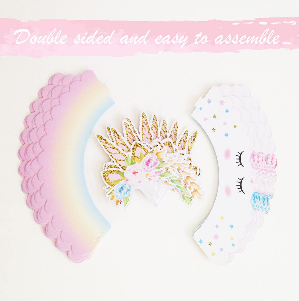 Reversible Rainbow Cupcake Liners and Unicorn Toppers Set for Birthdays – 30 of Each