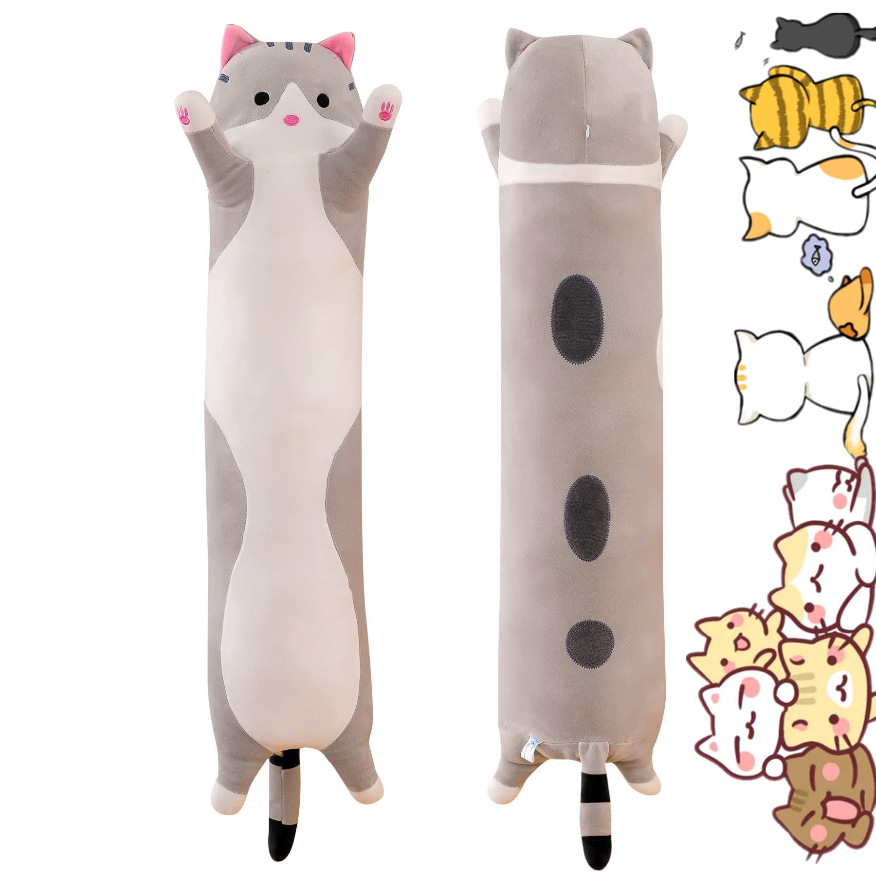 Rexinc Long Gray Cat Plush Pillow Toy – Soft Cute Stuffed Animal Body Pillow (19.68 inches)