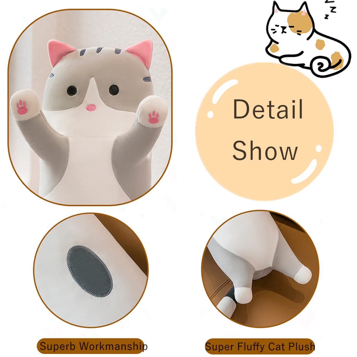 Rexinc Long Gray Cat Plush Pillow Toy – Soft Cute Stuffed Animal Body Pillow (19.68 inches)