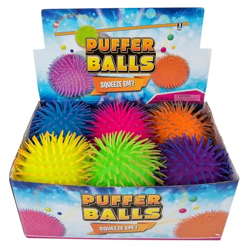 Rhode Island Novelty 9" Two-Tone Puffer Ball – Pack of 6 Fidget Sensory Toys with Stretchy Bristles