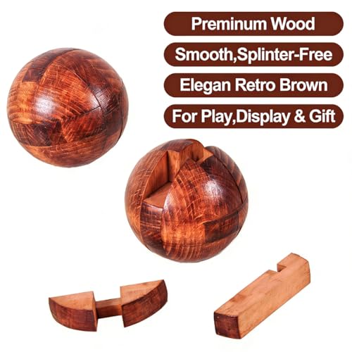 RICHOOSE Wooden Brain Teaser Puzzle Ball - 3D IQ Game for Adults, Teens, Seniors - Challenging Assembly & Disassembly Logic Toy with Stand - Stress Relief Desk Decor