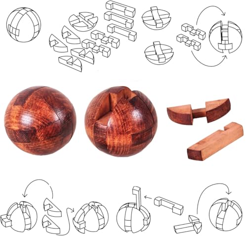 RICHOOSE Wooden Brain Teaser Puzzle Ball - 3D IQ Game for Adults, Teens, Seniors - Challenging Assembly & Disassembly Logic Toy with Stand - Stress Relief Desk Decor