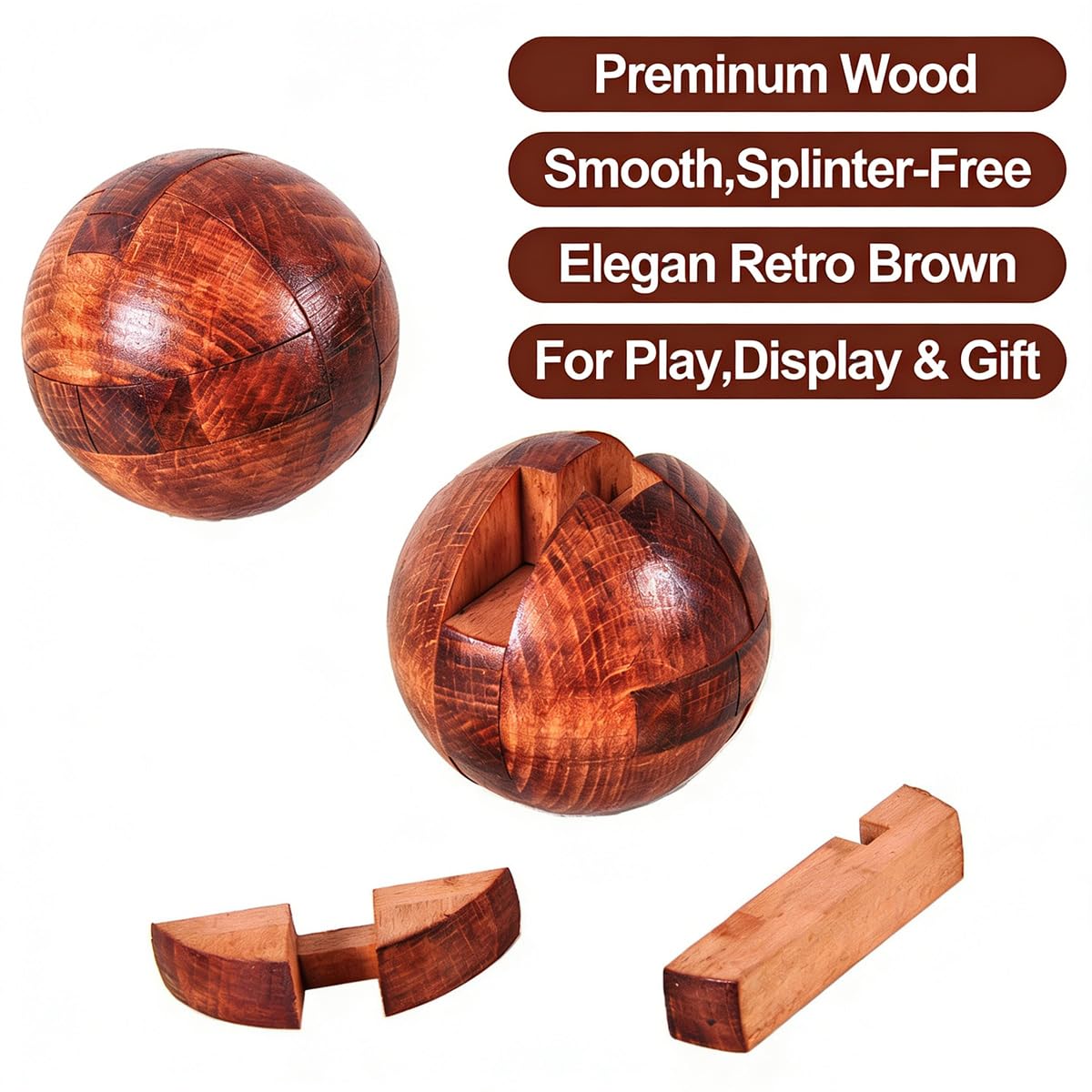 RICHOOSE Wooden Brain Teaser Puzzle Ball - 3D IQ Game for Adults, Teens, Seniors - Challenging Assembly & Disassembly Logic Toy with Stand - Stress Relief Desk Decor