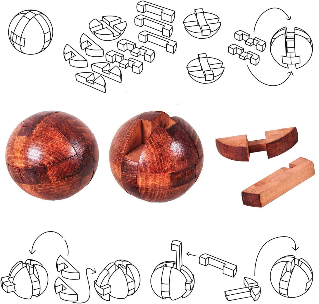 RICHOOSE Wooden Brain Teaser Puzzle Ball - 3D IQ Game for Adults, Teens, Seniors - Challenging Assembly & Disassembly Logic Toy with Stand - Stress Relief Desk Decor