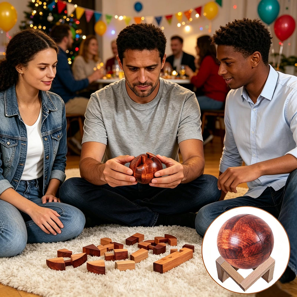 RICHOOSE Wooden Brain Teaser Puzzle Ball - 3D IQ Game for Adults, Teens, Seniors - Challenging Assembly & Disassembly Logic Toy with Stand - Stress Relief Desk Decor